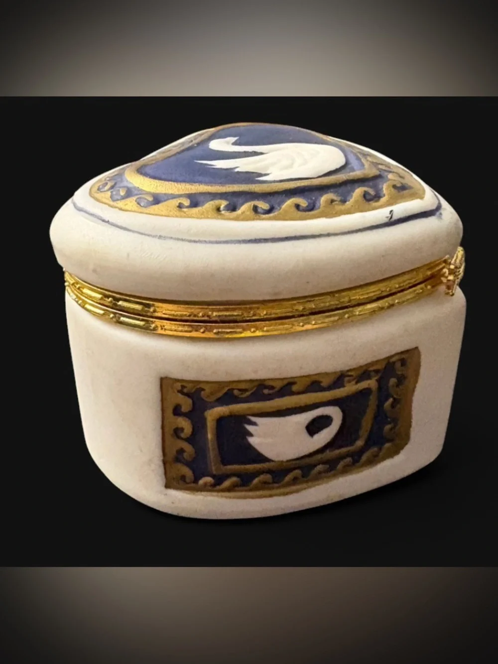 Vintage Porcelain Swan Heart Trinket Box Blue Gold